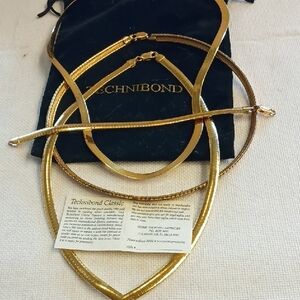 Technibond Gold-Tone Layered Herringbone Necklace Trio + Bracelet, Stamped 925